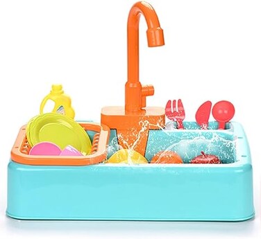 Kitchen Sink Toy Water Playset with Cooking Stove, Play with Running Water, House Wash Up Kitchen Set with Realistic Light &amp; Play Dishes Accessories for Girls Boys Kids 3-7 Years Old (Blue)
