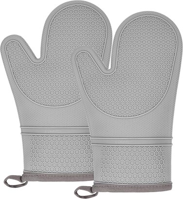 Silicone Oven Mitts, Heat and Slip Resistant Gloves with Soft Cotton Lining, Waterproof Flexible Durable and Comfortable Thick Ktichen Pot-Holders Mittens for Cooking, Baking, Grilling BBQ, 2X Grey