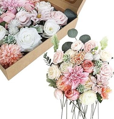 ANTOLE Fake Rose Artificial Flowers,Silk Blue Pink Rose Artificial Silk Flowers Sky Blue Dahlia Artificial Flowers Bouquet Bulk Fake Flowers for Decoration Flowers Burgundy for Wedding (Pink)
