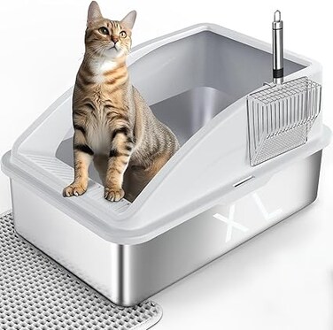 Enclosed Stainless Steel Cat Litter Box with Lid   XL Extra Large Litter Box for Big Cats   Metal Litter Box High Sided   Anti-Urine Leakage, Include Cat Mat and All-Metal Litter Scoop (Silver Gray)