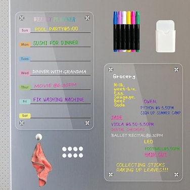 Acrylic Magnetic Planner for Fridge, 2 Pcs Clear Magnetic Weekly Planner, Includes 6 Colorful Liquid Markers, Marker Holder, Cleaning Towel, Silicone Covers