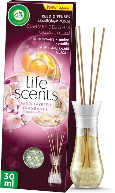 Air Wick Life Scents Multi-Layered Fragrance Reed Diffuser (white flowers, melon, vanilla), Eliminates Bad Odour like Cat Litter Smell, 30 ml
