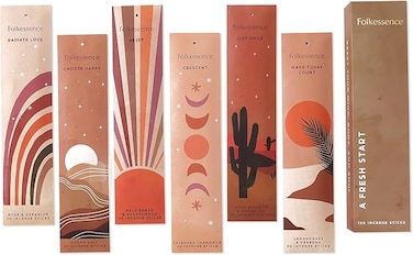 Folkulture Incense Sticks, Set of 6-120 Sticks, Palo Santo, Sandalwood, Lemongrass, Rose Geranium, Organic, Natural and Non Toxic Slow Burning Inscents   Bakhoor Boho Gift Set (A Fresh Start)