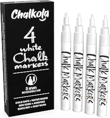 White Chalk Markers Fine Tip (4 Pack 3mm) - Wet &amp; Dry Erase Chalk Pens for Blackboard, Chalkboards, Windows, Signs, Glass, Bistro - 3mm Reversible Bullet &amp; Chisel Point
