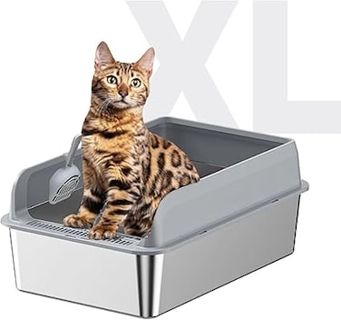 Beauenty Stainless Steel Cat Litter Box with High Sides,Anti-Splashing Large Cat Litter Box with Cat Litter Scoop,Non-Sticky Metal Litter Box,Anti-Leakage Big,Non-Stick