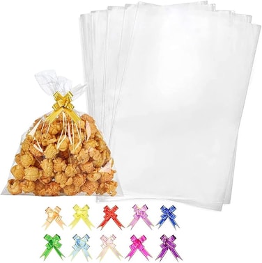 100pcs Clear Cellophane Treat Bags with Twist Ties Self Adhesive Cookie Bags Packing Supplies for Party Favor, Candy, Cookie, Popcorn, Dessert, Bakery