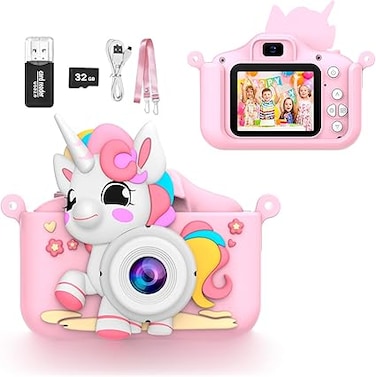 Kids Toy Camera, Digital Camera for Toddlers, Portable Digital Camera with Video, for Boys and Girls Aged 3-12, Christmas Birthday Gift for Kids, with 32G SD Card and USB Reader (Pink Unicorn)