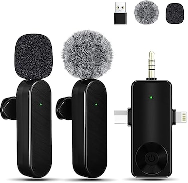 Gicorino Mini Microphone for iPhone Android Camera iPad USB-C, 4 in 1 Professional Wireless Lavalier Lapel Microphone for Recording, Live Stream, YouTube, Facebook, TikTok, Vlog (2 Pcs)