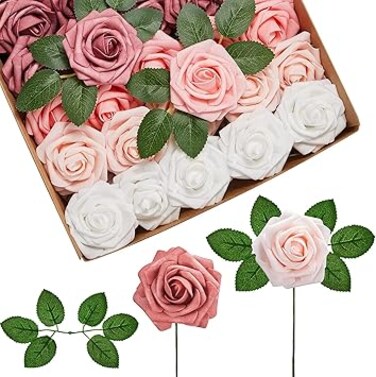 OFRANK Artificial Flowers 25pcs Real Looking Foam Fake Roses with Stems for DIY Wedding Bouquets Baby Shower Centerpieces Floral Arrangements Party Tables Home Decorations (Shades of Dusty Rose)