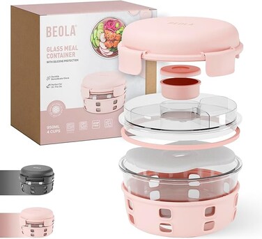 Lunch Box, Food Container with Ice Pack, Sauce Cup, Borosilicate BPA Free Glass Salad Bowl with Silicone Protection, Freezer, Dishwasher, Microwave Safe, Glass, 950ml(Blush Pink)