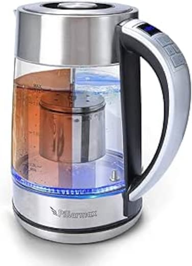 Pillarmax Electric Glass Kettle Temperature Controls with Removable Infuser 1.7 Liters 2200 W. Tea Maker Brewing Programs. Stainless Steel Glass Boiler, BPA-FREE