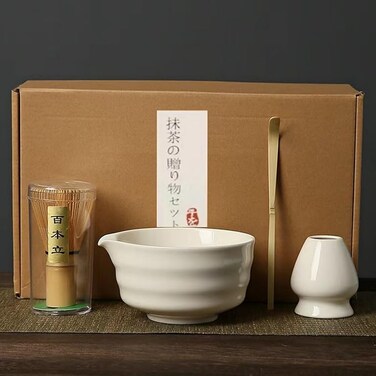 Matcha Set Made With Natural Bamboo And Premium Quality Ceramic   Japanese 4 pieces set   Matcha Bowl with Spout, Bamboo Matcha Whisk, Matcha Scoop   Whisk Holder   White