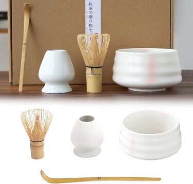Matcha Set, Whisk and Bowl Ceremony Accessory Kit- Pink Stripe Ceramic Bowl, Whisk, White Holder, Traditional Scoop, Perfect Set to Prepare a Cup of Matcha, P20-3