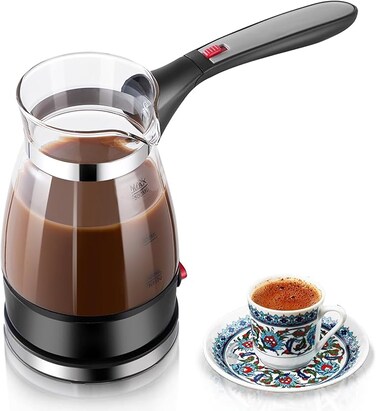 Turkish Coffee Maker, Portable Electric Glass Turkish Coffee Machine with Foldable Handle,Turkish Coffee Pot Electrical Coffee Maker or Tea and Boil Water, Warmer Kettle for Office and Travel