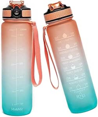 Sulfar Water Bottle 1L with Time Marker Straw Strainer Tritan BPA Free for Fitness Gym Outdoor Sports (Orange)