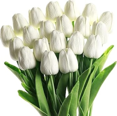 OFRANK Artificial Tulip 20 Pcs Silk Flowers 13.5" for Home Decorations Centerpieces Arrangement Wedding Bouquet (White)