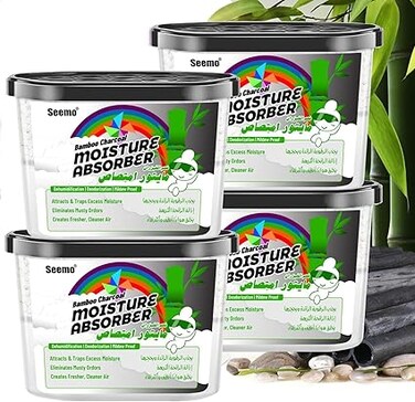 Seemo Moisture Absorber Bamboo Charcoal Dehumidifier Boxes - 4 Packs, 600ml, 10.5oz Solid, Mold-proof &amp; Deodorizing Desiccant for Wardrobe, Cupboards &amp; Closets and Rooms   Fights Fungus &amp; Musty smells