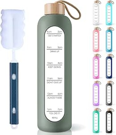 PROBTTL 32 Oz Borosilicate Glass Water Bottle with Time Marker Reminder Quotes, 1 Liter Leak Proof Reusable BPA Free Motivational Water Bottles with Silicone Sleeve and Bamboo Lid (Olive)