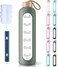 PROBTTL 32 Oz Borosilicate Glass Water Bottle with Time Marker Reminder Quotes, 1 Liter Leak Proof Reusable BPA Free Motivational Water Bottles with Silicone Sleeve and Bamboo Lid (Olive)