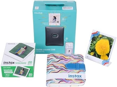 مجموعة طابعة FujiFilm Instax Square Link للهواتف الذكية - علبة هدايا خضراء، طابعة صور فورية محمولة مع إطار صغير أنيق، ألبوم صور عملي، عبوتان من الفيلم