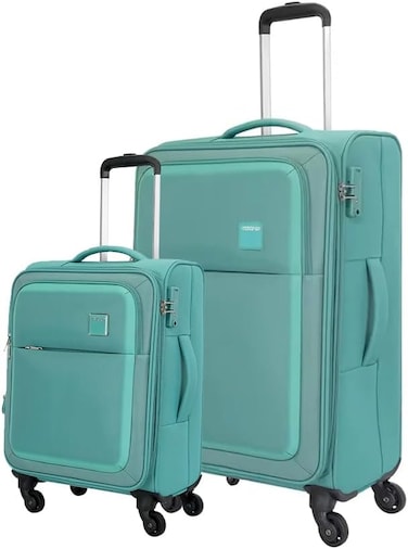 American Tourister Seville Suitcase, 2pc Set (57 + 69 cm), 4 Wheels, Soft Top, Polyester, Green,TSA Lock,Front Storage Compartment,Inner Mesh Zippered Pocket - 3 Years International Warranty