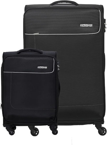 American Tourister Jamaica Suitcase, 2pc Set (58 + 80 cm), 4 Spinner Wheels, Soft Top, 100% Polyester, Black,TSA Lock,Expandable,Front Pocket Compartment,Corner Guard - 3 Years International Warranty