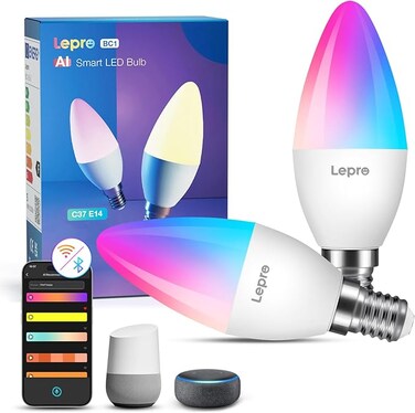 Lepro BC1 AI Smart Candle Bulb E14, Bluetooth &amp; WiFi Smart Bulb C37 Dimmable, Works with Alexa &amp; Google Assistant, Personalized AI Lighting Designer, Music Sync, Colour Changing Lightbulb 5W, 2 Packs