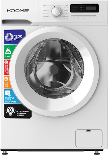 Krome 7kg Front Load Washing Machine, BLDC Inverter Motor, 1400 RPM, 15 Programs, Lunar Dial, LED Display, Multiple Temperature, White, KR-WFL707WIS