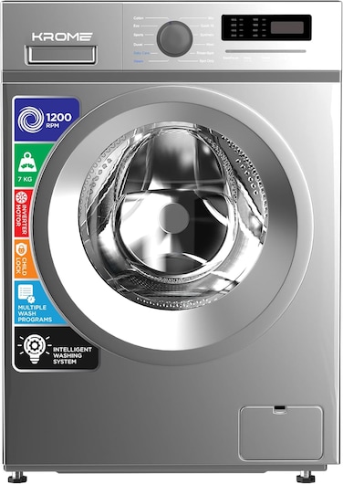 Krome 7kg Front Load Washing Machine, Inverter Motor, Steam Wash, 12 Programs, Energy &amp; Water Efficient, Child Lock, Titanium, KR-WMFL707SIS
