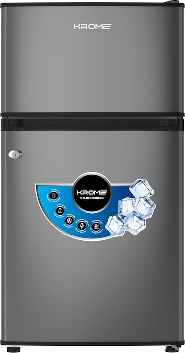 Krome 138L Gross Double Door Refrigerator, Direct Cool, Top Mount Freezer, Glass Shelves, Lock &amp; Key, Dark Silver, KR-RF138DDSG