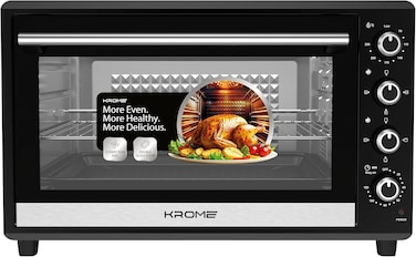 KROME 120L Electric Oven with Rotisserie &ndash; Convection Fan, 4 Knob Control, Double Glass Door, Stainless Steel Heating Elements, Includes Bake Tray &amp; Accessories - KR-EO120RC