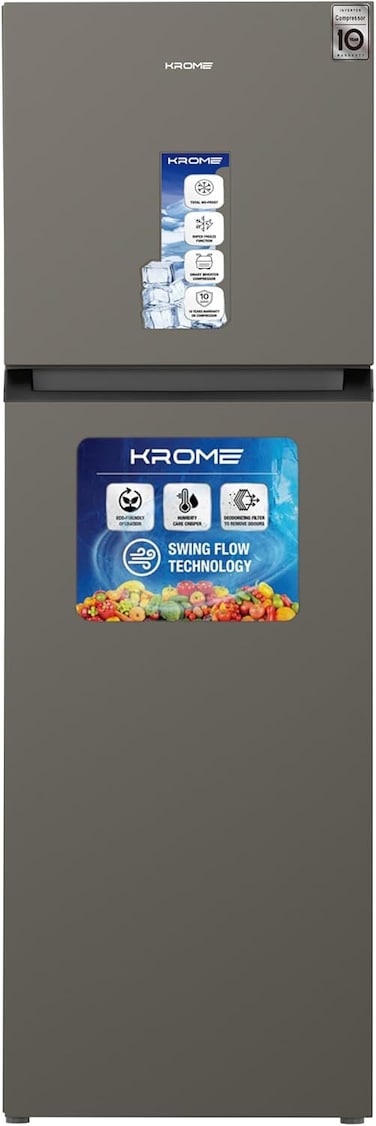 Krome 370L Gross Double Door Refrigerator, Smart Inverter Compressor, 360&deg; Swing Flow Cooling, Total No Frost, Super Freeze, Energy Efficient, Dark Silver, KR-RFF370TI