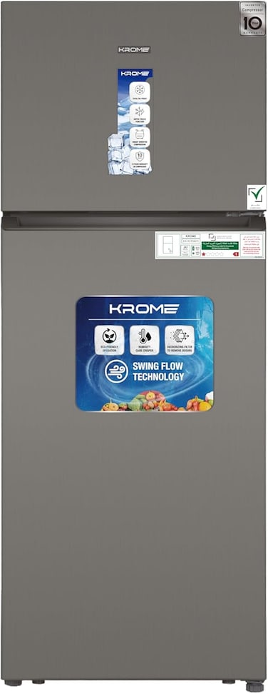 KROME 422L Gross,Double Door Top Mounted Refrigerator with Multi Air Flow System,No-Frost Cooling with Electronic Touch Temperature Control,Door Alarm, Grey, 10 Year Compressor Warranty-KR RFF 565TI