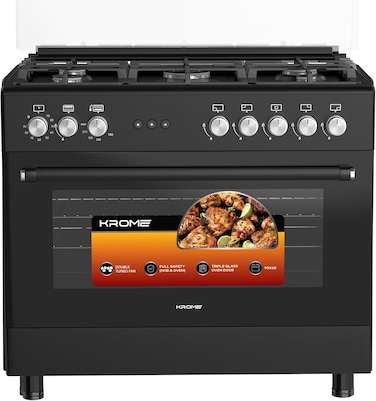Krome 90&times;60 cm Freestanding Gas Cooker &ndash; 5 Euro Pool Burners + Dual SABAF Burner, Double Turbo Fan, Full Safety Oven &amp; Hob, Cast Iron Pan Supports, Push Button Ignition, Black - KR-CR9062FEB