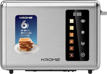 Krome 2 Slice Stainless Steel Toaster with Touch Panel &amp; Digital Display, 6 Browning Settings, Defrost, Bagel Function, Auto Pop-Up, Crumb Tray, 2-Year Warranty - KR-BT20TD