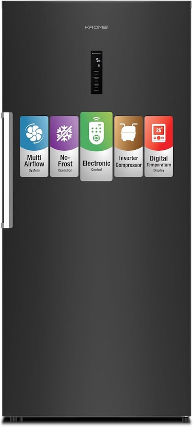 Krome 750L Frost Free Upright Freezer, Inverter Compressor, Convertible Freezer to Fridge, Multi Airflow Cooling, Digital Temperature Display, Glass Shelves, Titanium Finish, KR-UF750IH