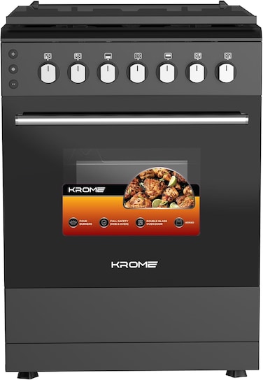 Krome 60x60 Gas Cooking Range KR-CR6062BO &ndash; 4 Burner Gas Cooker with Oven &amp; Grill, Turbo Fan, Cast Iron Grids, Full Safety, Black