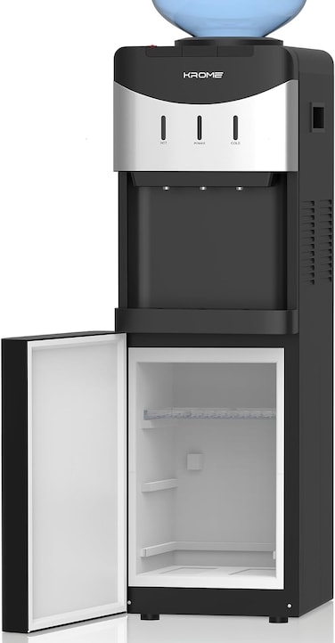 Krome Top Loading Water Dispenser   Hot, Cold &amp; Normal Water   Compressor Cooling   Storage Cabinet   Child Safety Lock   Stainless Steel Tank   Black &amp; Silver- KR-WDTL300L