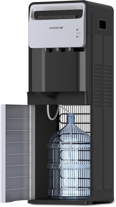 Krome Bottom Loading Water Dispenser with Electric Pump  Hot, Cold&amp;Normal Water Three Spouts with Push Buttons  Compressor Cooled  Stainless Steel Tank  Child Safety Lock  Black &amp; Silver - KR-WDBL400L