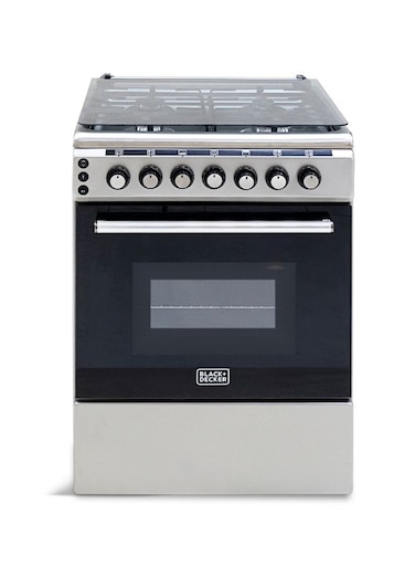 BLACK+DECKER 60 CM, Freestanding Gas Cooker, 4 Gas Burners, Button Ignition, Gas Grill &amp; Gas Oven - BXOFG604.002PZOX Inox Finish