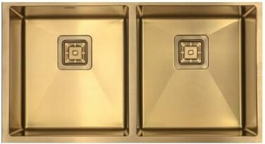 ELITE HMD7744GSQ Double Bowl Under-Mount Kitchen Sink &ndash; Gold Stainless Steel Sink with Radius 10 Design, 77cm