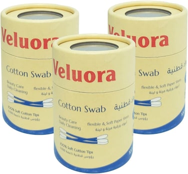 Veluora Cotton Swabs, 100% Pure Cotton Ear Buds, Box of 100 Swabs (Pack of 3), Eco-Friendly Kraft Canister, Soft, Strong &amp; Gentle for Daily Use