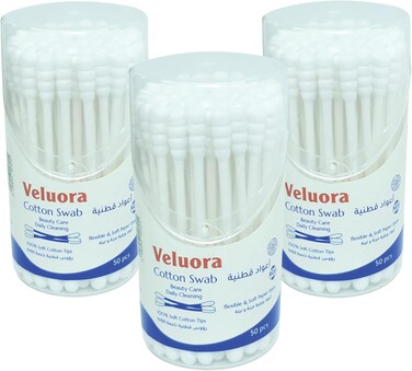 Veluora 100% Pure Cotton Swabs   Round &amp; Spiral Tips   Soft, Absorbent &amp; Hygienic Cotton Buds   Ear, Beauty &amp; Baby Care   Plastic Canister   150 Pieces (Pack of 3)