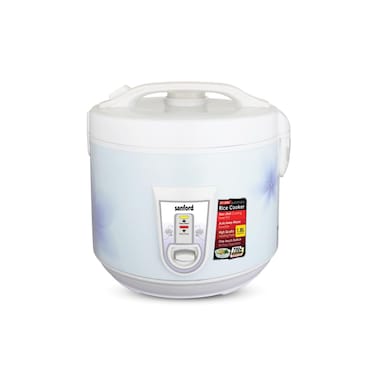 Sanford 1.8L Automatic Rice Cooker with Keep Warm Function   700W Power   Non-Stick Inner Pot   One-Touch Operation   Includes Steamer, Cup &amp; Spoon   White with Floral Design