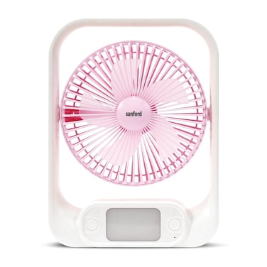 Sanford 7&quot; Rechargeable Table Fan with LED Lights &ndash; 3600mAh Lithium Battery, 15H Fan Run Time, 3-Speed, Tilt Head, Type-C USB Charging, Pink