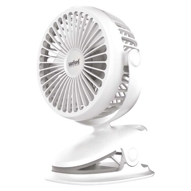 Sanford Rechargeable Portable Clip Fan &ndash; 2000mAh Battery, 5Hr Run Time, 3-Speed, 360&deg; Rotation, Strong Grip Clip, USB Charging (SF6664PCF) (WHITE)