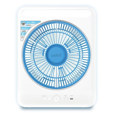 Sanford 12" Rechargeable Box Fan with LED Lights &amp; USB Output - 3 Speeds, 4-Hour Timer, AC/DC Operation