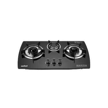 Sanford 3-Burner Glass Gas Hob, Tempered Glass with Cast Iron Burners, Pulse Ignition &amp; Low Gas Consumption for LPG