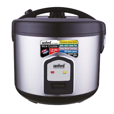 Sanford 1.8L Automatic Rice Cooker with Steamer, 700W Power, Non-Stick Inner Pot, and Keep Warm Function, Stainless Steel Body, Model SF1189RC