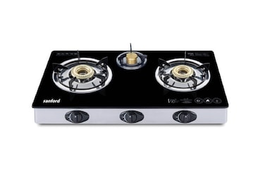 Sanford Triple Burner Glass Gas Stove with Auto-Ignition, 8mm Hard Tempered Glass, Model SF5326GC-A (Black)
